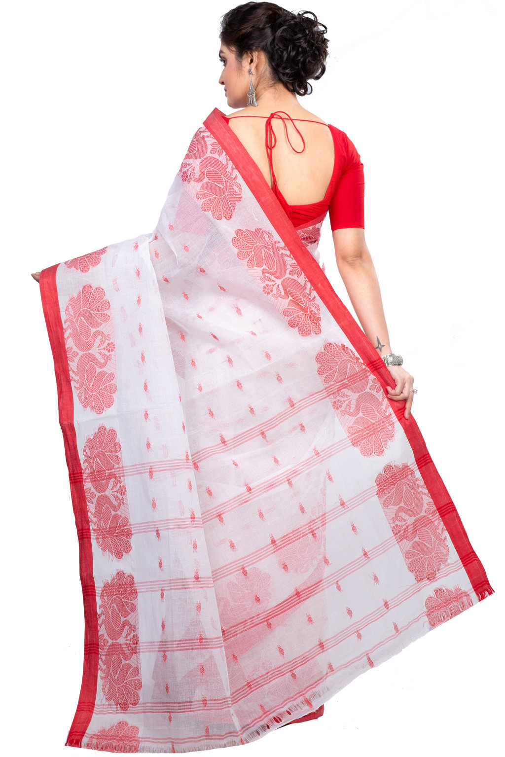 White Pure Cotton MOYUR PAR Tant Saree (903)